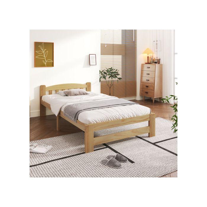 Lit Simple, Lit En Bois Massif Naturel Avec Tête De Lit Et Sommier À Lattes, Lit Jeune, Lit Adulte, Nature, 90x200 Cm
