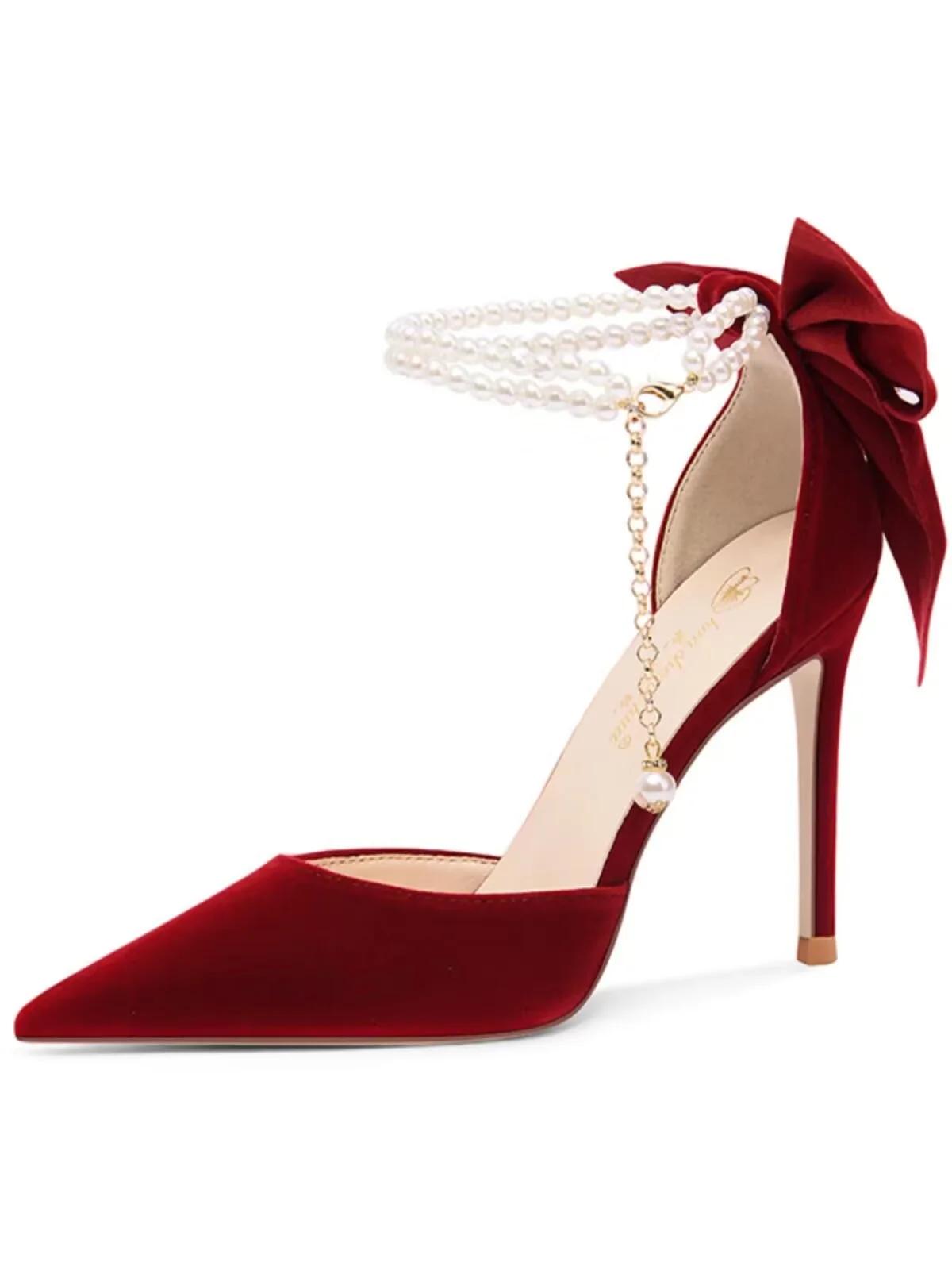 

Модные красные свадебные туфли новые остроносые туфли-стилеты на высоком каблуке женские с мелким вырезом бант жемчуг ремешок с пряжкой на одно слово два способа носки туфли для невесты 34 красный