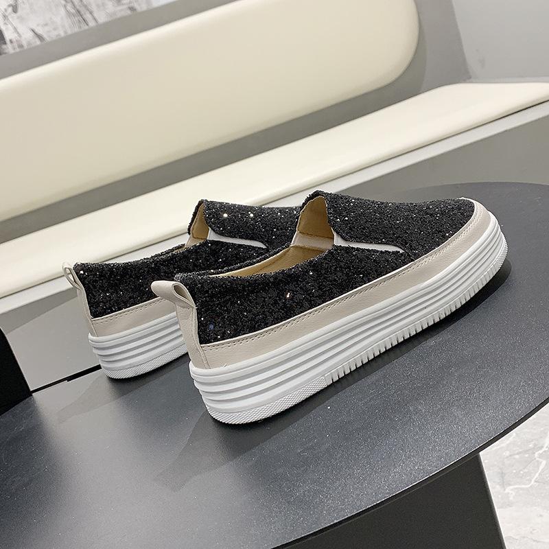 Platform Muffin Sole Women Shoes  Spring New One-Pedal Loafers Fashion Versatile Casual Shoes Trendy Design Sequins Sneakers