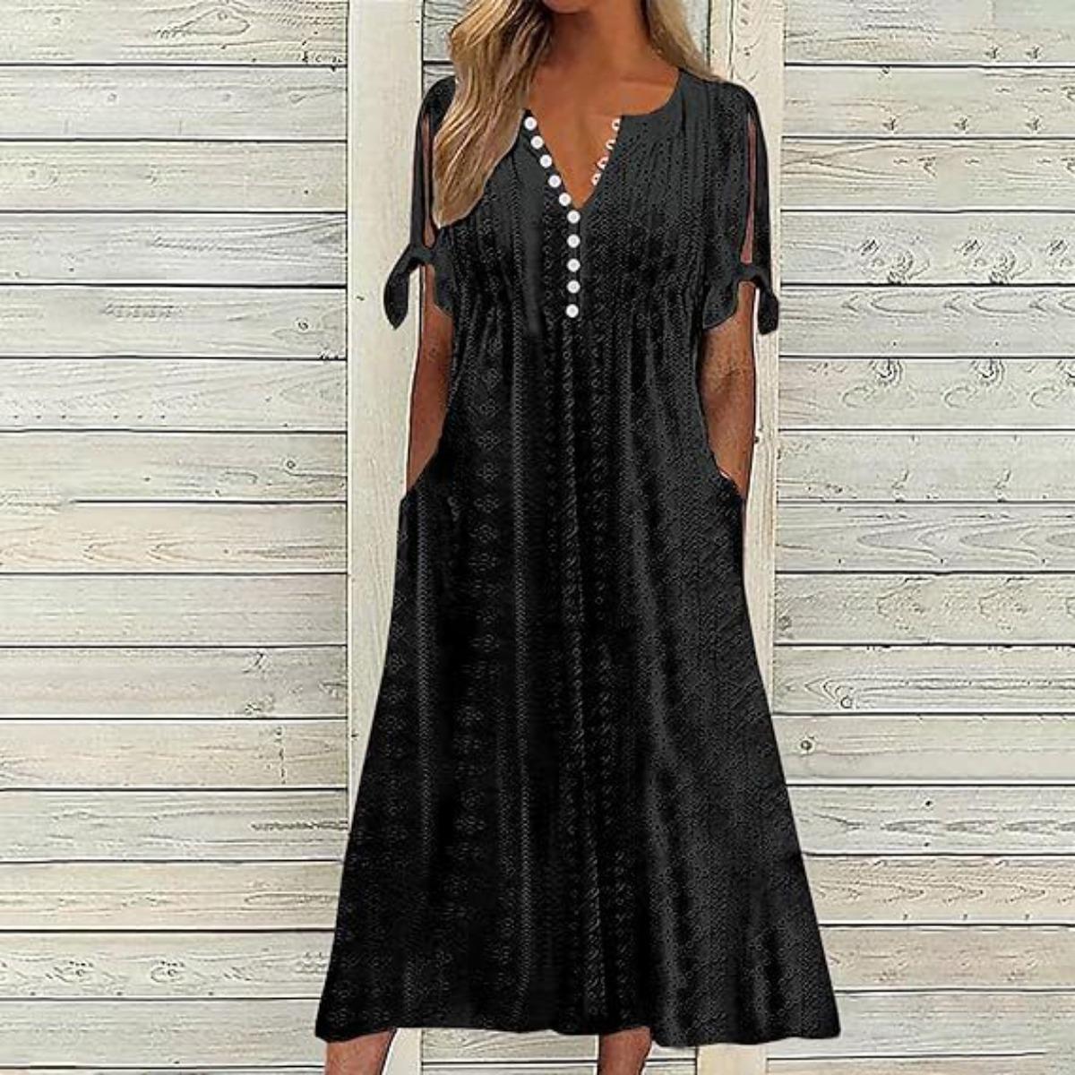 Women s V Neck Short Sleeve Tie Cuff Loose Fit Loose Waist Casual Maxi Dress Eyelet Embroidery Long Dress S