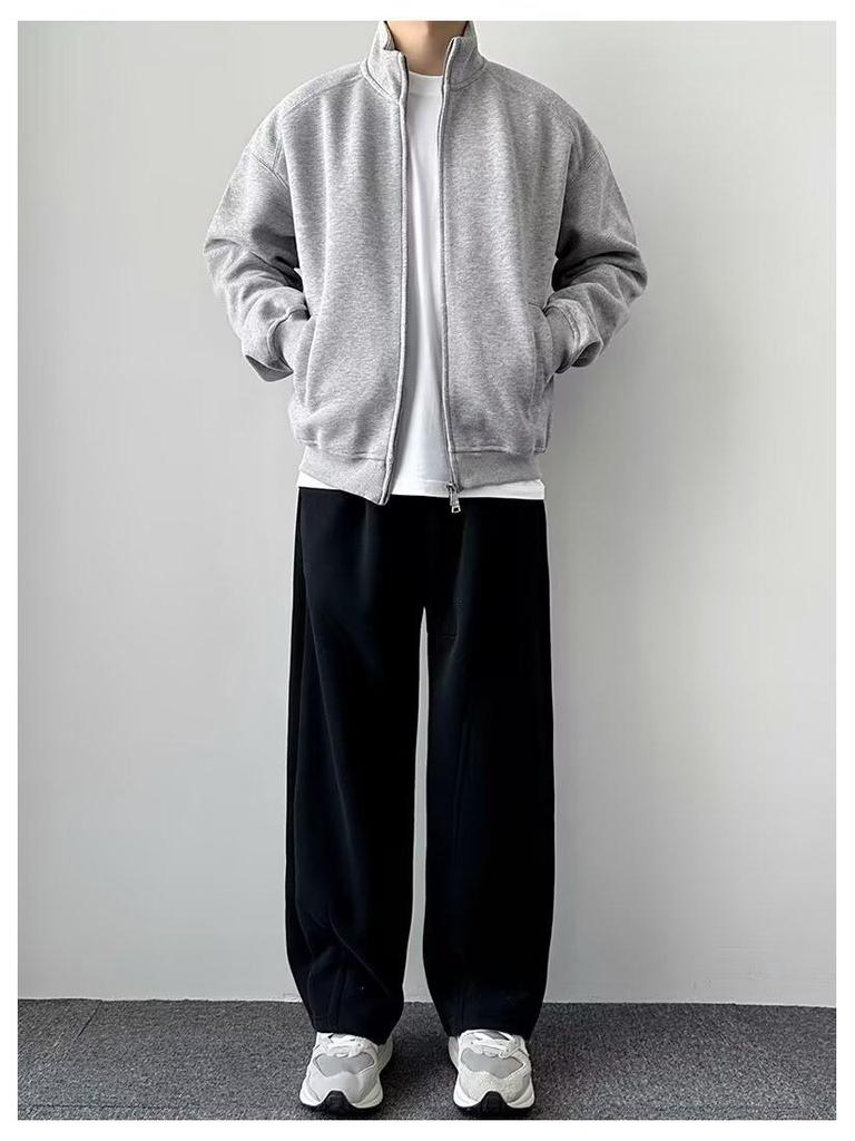 2025 Autumn Men's Gray Heavyweight Solid Color Stand Collar Hoodie Jacket