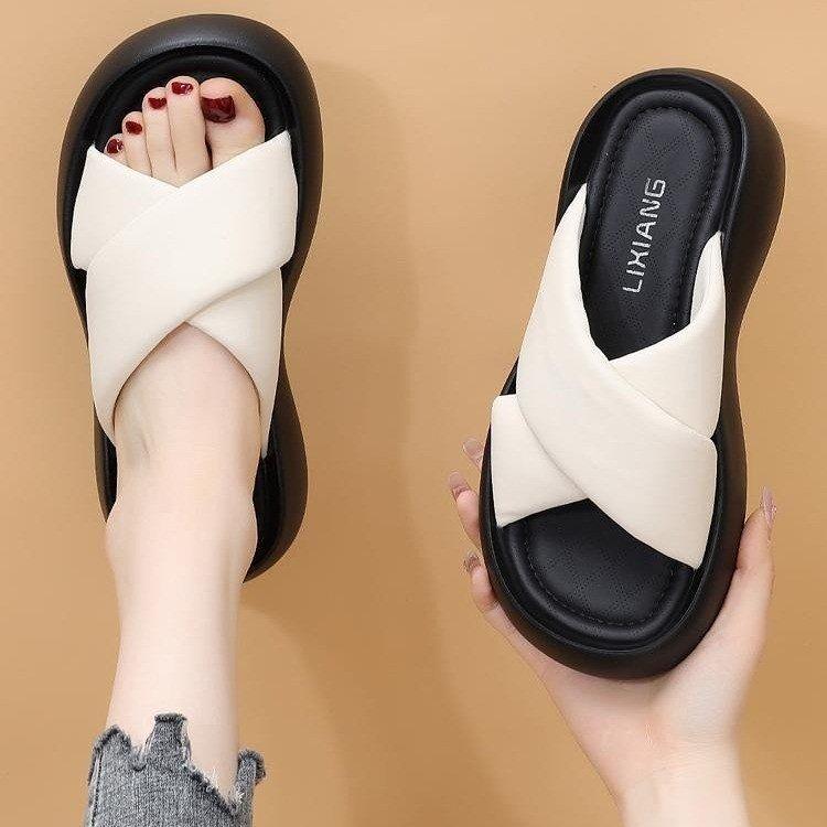 Slippers Women's Outer Wear 2025 Summer New Muffin Thick Bottom Non-slip Cross Belt Soft Bottom Casual Beach Cool Slippers