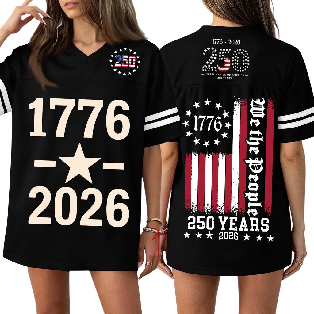 Women V Neck Casual Loose Fit Sports Jersey Top with 250th Anniversary Print Short Sleeve Independence Day Shirt