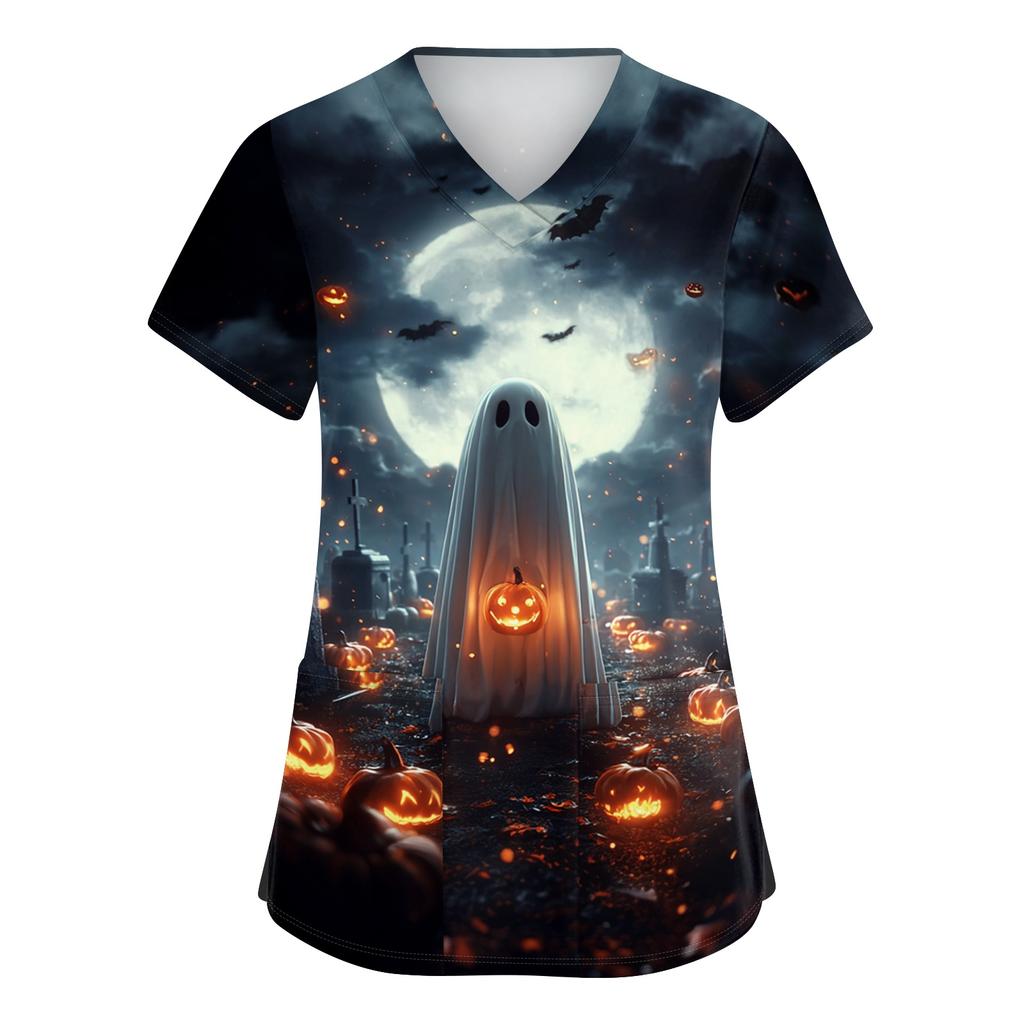Women V Neck Short Sleeve Work Top with Side Slits and Pockets Halloween Pumpkin Print Shirt Suitable for Professional Use and Casual Wear