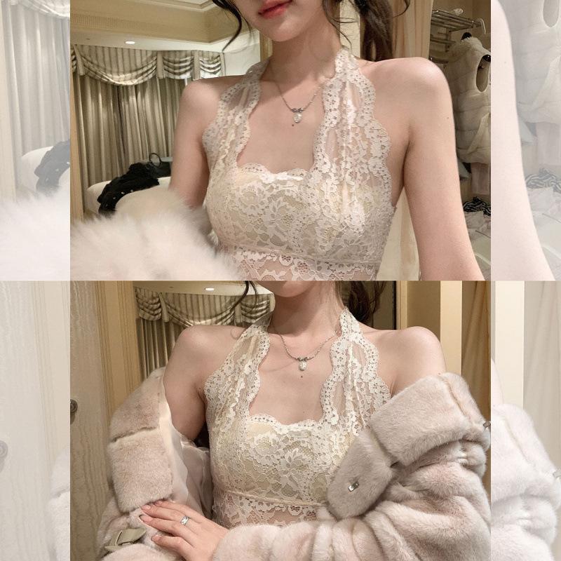 Women's Halter Neck Lace Camisole with Built-in Pads - Backless Underwear Base Layer Top