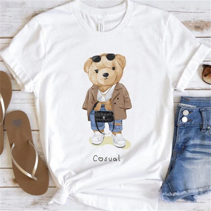 Cute Bear Print Shirts White Fashion Women T-Shirts Harajuku Kawaii Clothes Short Sleeve Summer Tees Casual Female Tops O-Neck