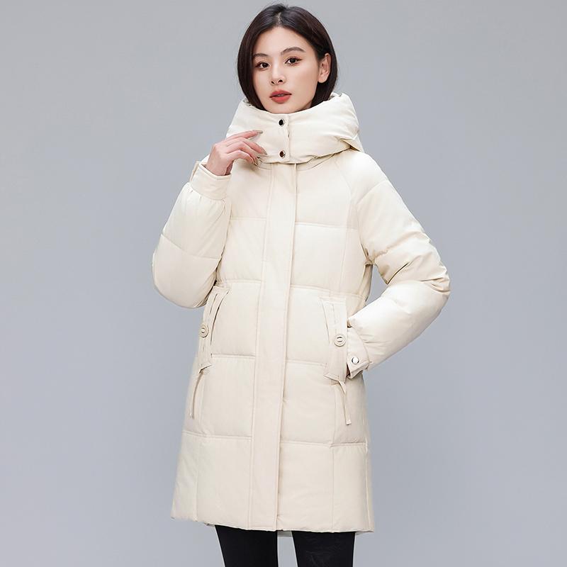 Brand down jacket women's winter new medium and long hooded warm thickened loose and thin solid color coat