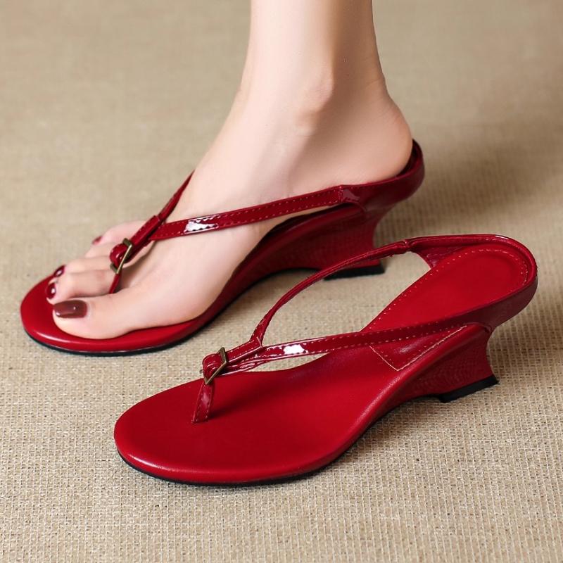

Fashion Retro Gold Wedges Slippers Women Summer Sexy Clip Toe Buckle Flip Flops Comfort Breathable Holiday Beach Sandal Zapatos De Mujer 35 красный