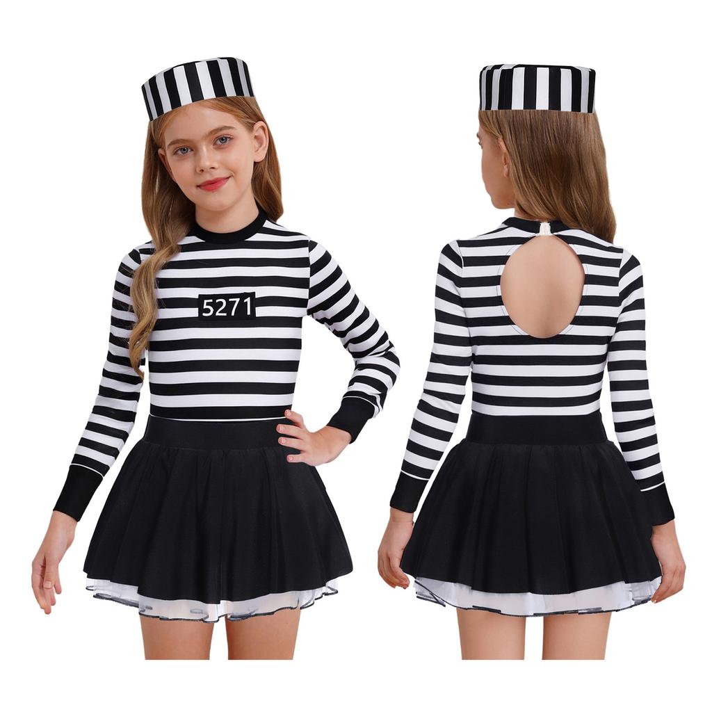 Girl Prisoner Costume 2Pcs Striped Puffy Dress Round Neck Cut Back Long Sleeve Ruffled Tutu Skirt Convict Cap