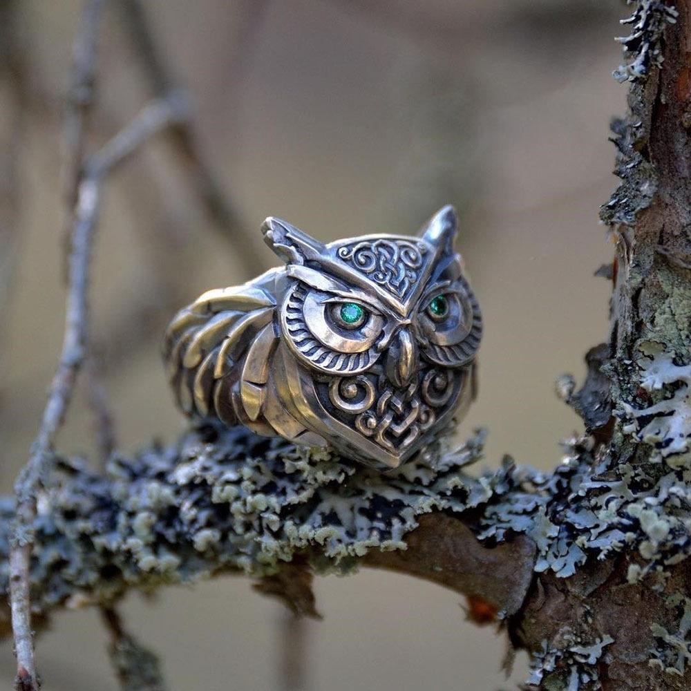 Retro Green Eye Owls Ring For Men Silver Punk Gothic Adjustable Handmade Rock Hiphop Biker Jewelry Gift