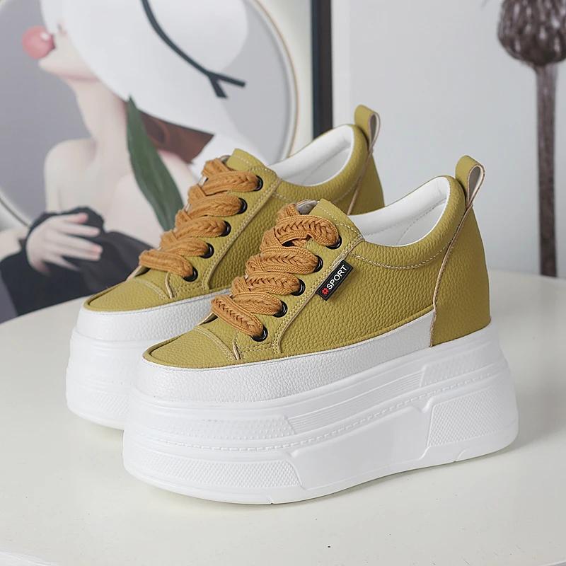 Fashion 12CM Cow Genuine Leather Women Skate Boarding High Brand Chunky Sneaker Casual Vulcanized Shoes Platform Wedge Stable Shoes