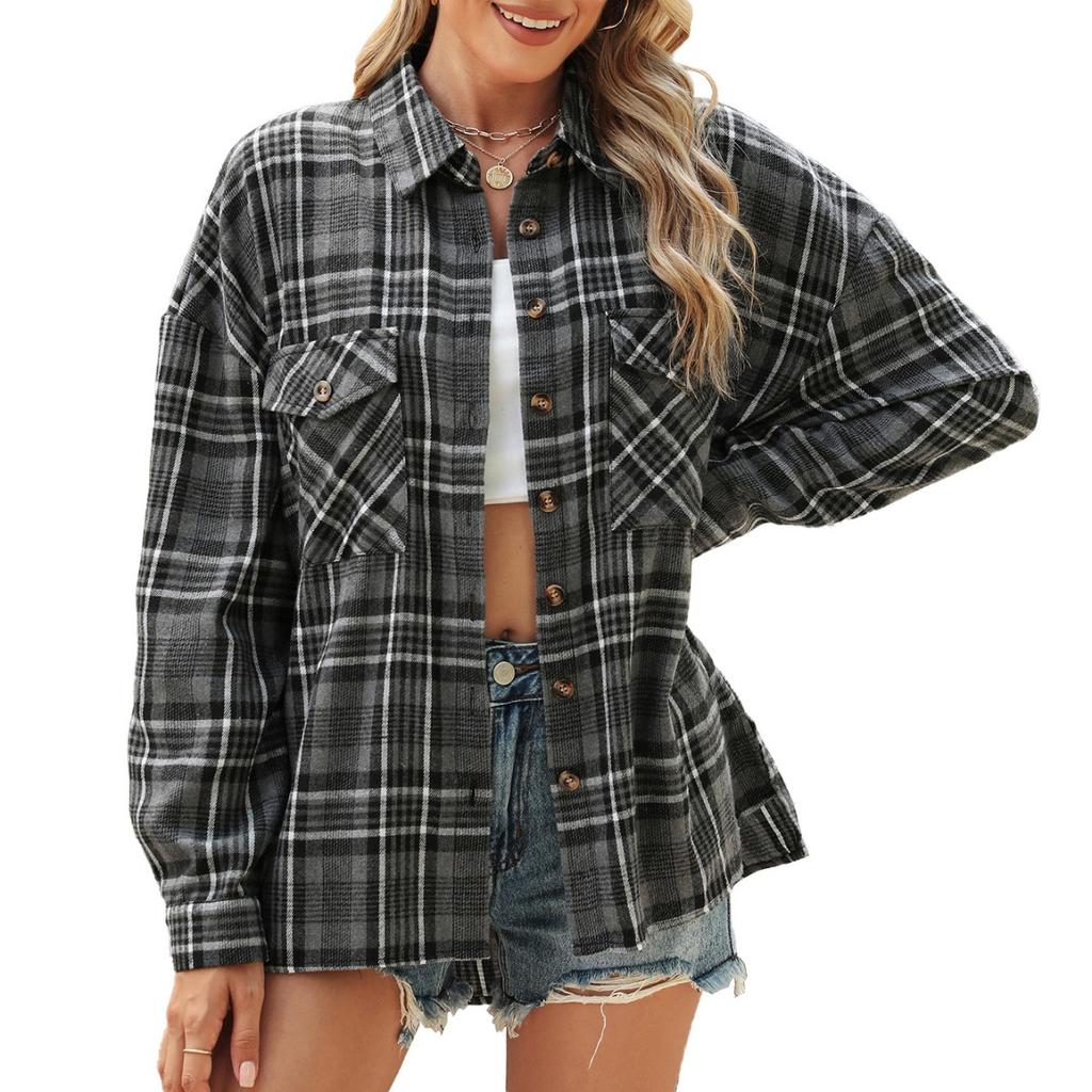 Women's Loose Long Sleeve Plaid Turn-down Collar Pocket Shirt  Autumn Winter New Arrival, Casual Blouse Top for Women, Ready to Ship