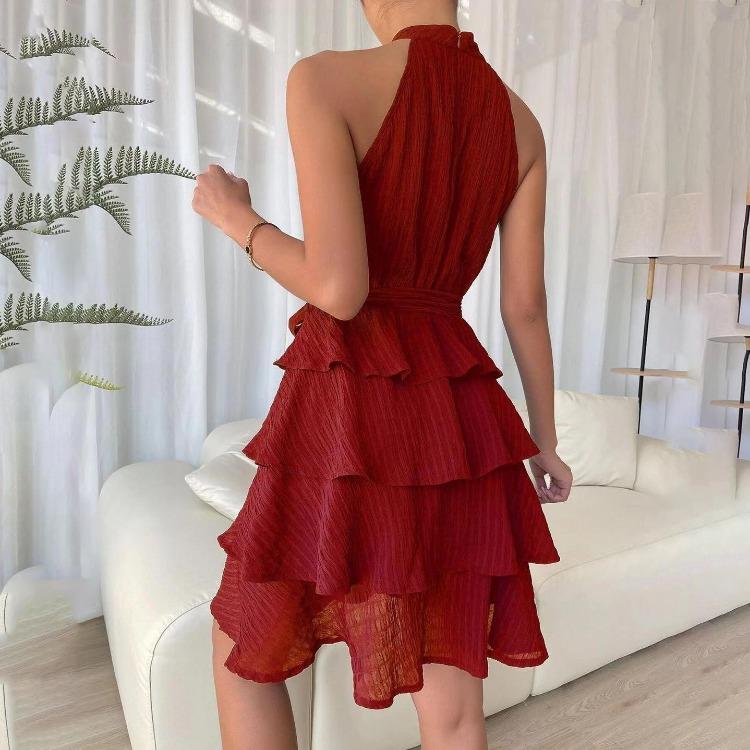 Autumn Winter Women Sleeveless High Waist A-Line Dress Solid Color Halter Casual Knee-Length Ruffled Edges