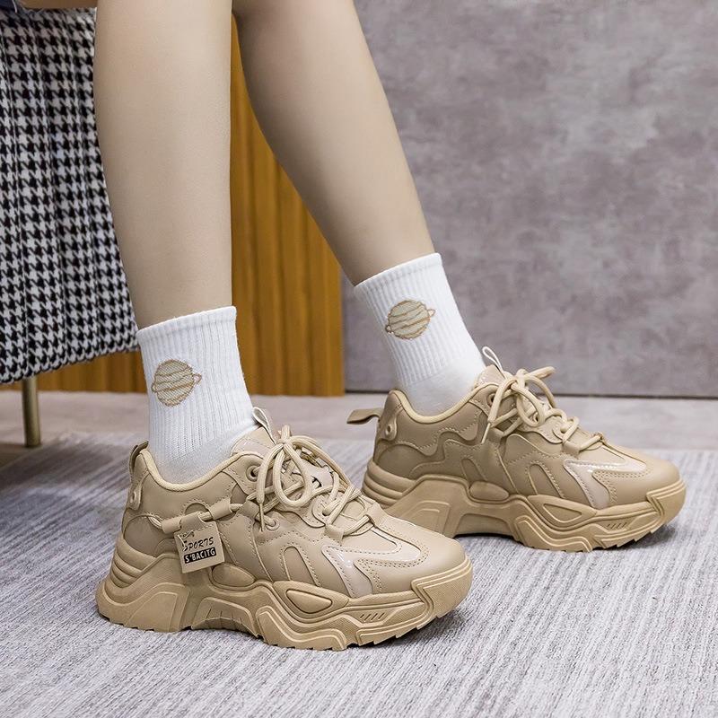 Sneakers Women's Dad Shoes Women's Spring New Leather Trendy Versatile Black Platform Shoes