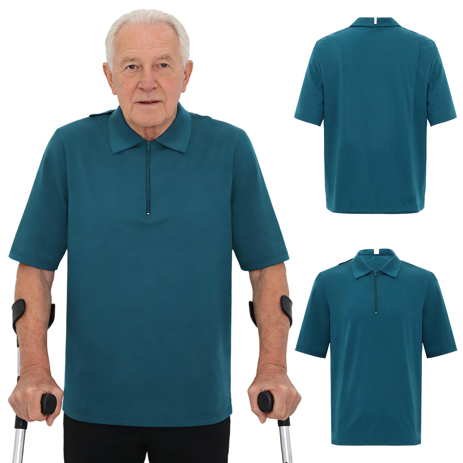 Herren Adaptives Oberteil für Ältere, Kurzarm, Reverskragen, Offener Rücken mit Vollständiger Überlappung und Reißverschluss für Spezielle Bedürfnisse, Alzheimer-Patienten M dunkelblaue