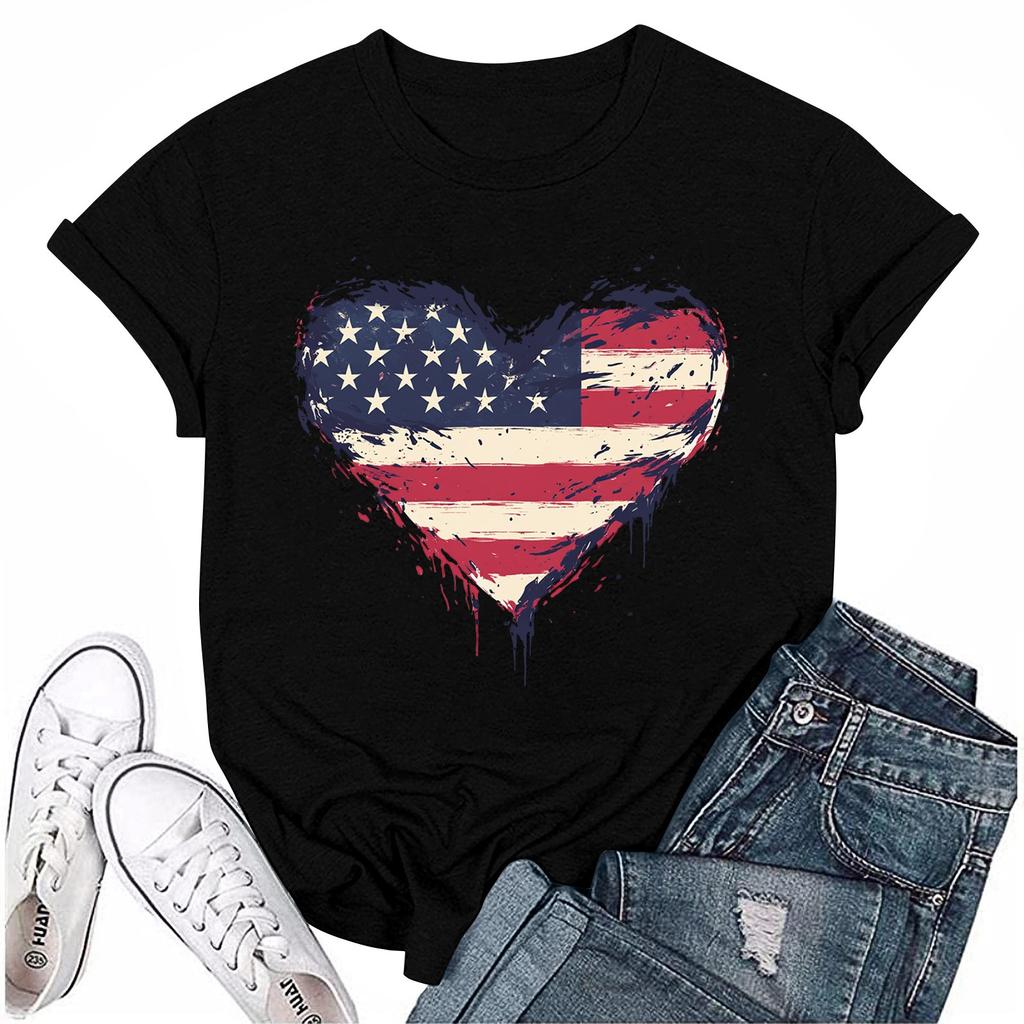 Adults Casual Daily Round Neck Independence Day  Printed Short Sleeved T-shirt Letter Top
