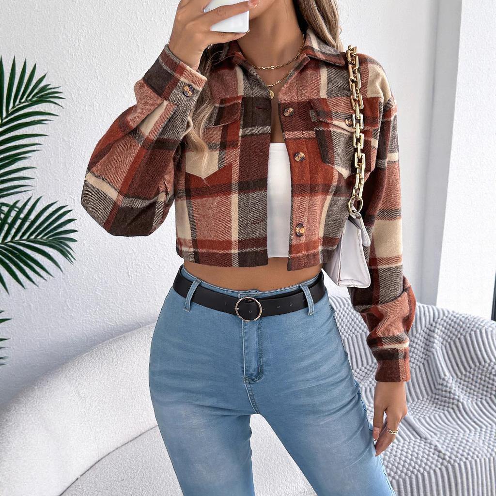 GMXIA Autumn and Winter Color-blocking Checkered Long-sleeved Woolen Short Jacket for Women