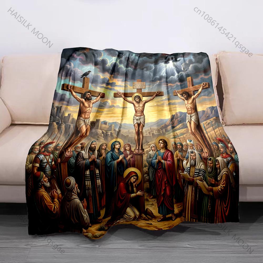 1PC Crucifixion Scene Print Blanket Prayer Blankets for Believers Suitable for Home Sofa Camping Travel Car Luxury Gifts