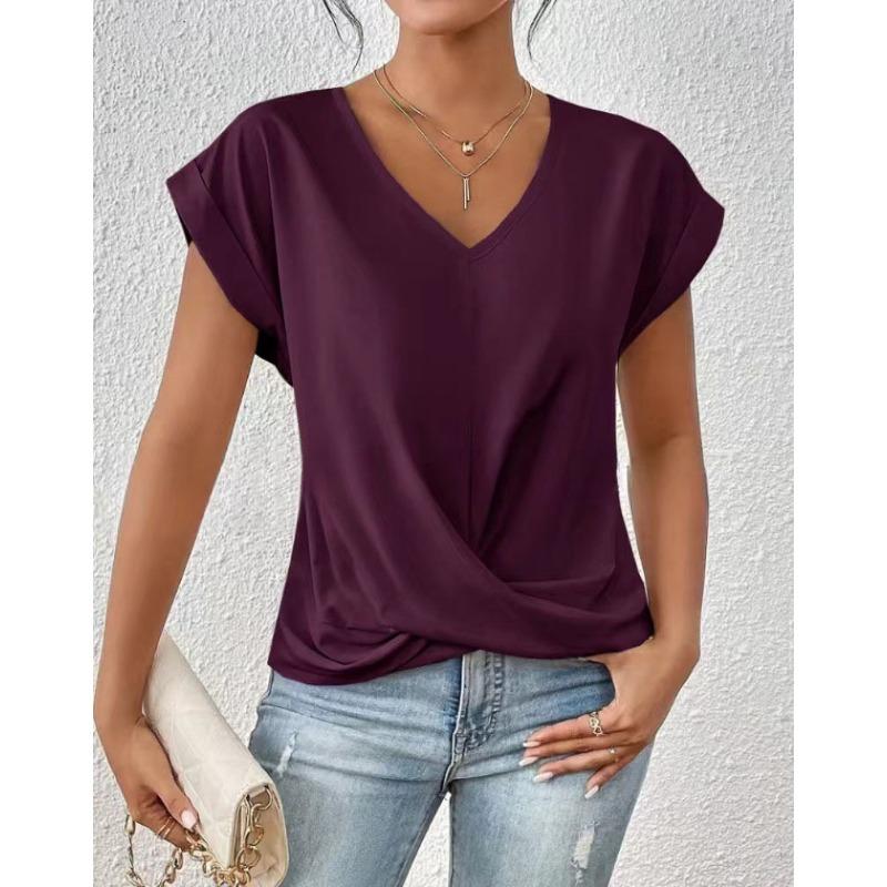 Autumn new products women's lightweight breathable V-neck T-shirt elegant knotted loose short-sleeved top women