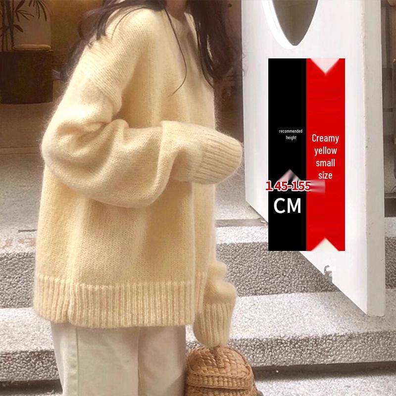 Mléčně žlutý mohérový volný pletený svetr - Dámský jarní/letní petite líný styl, silný kulatý výstřih, pulovr