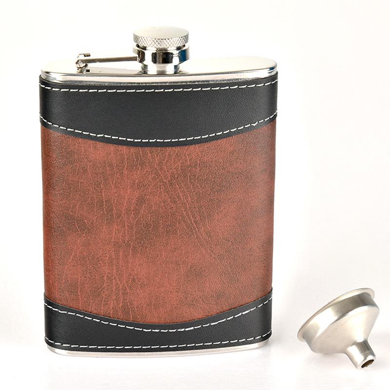 8oz Stainless Steel Hip Flask with Russian Leather, Portable Outdoor Small Flask - Brown/Black