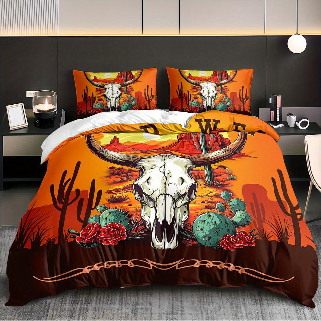 3pcs Wild West Sunset Cactus Cow Skull Bedding Duvet Cover Set Wild West Themed Bed Quilt Set Western Style Bedroom Decor