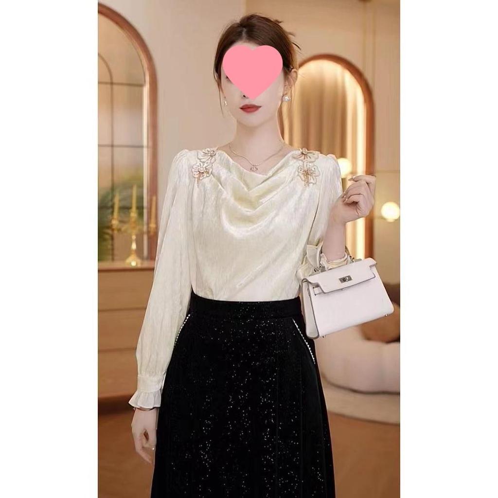 Chic French Velvet Pleated Long-Sleeve Top: Autumn 2025 Women's Elegant Base Layer