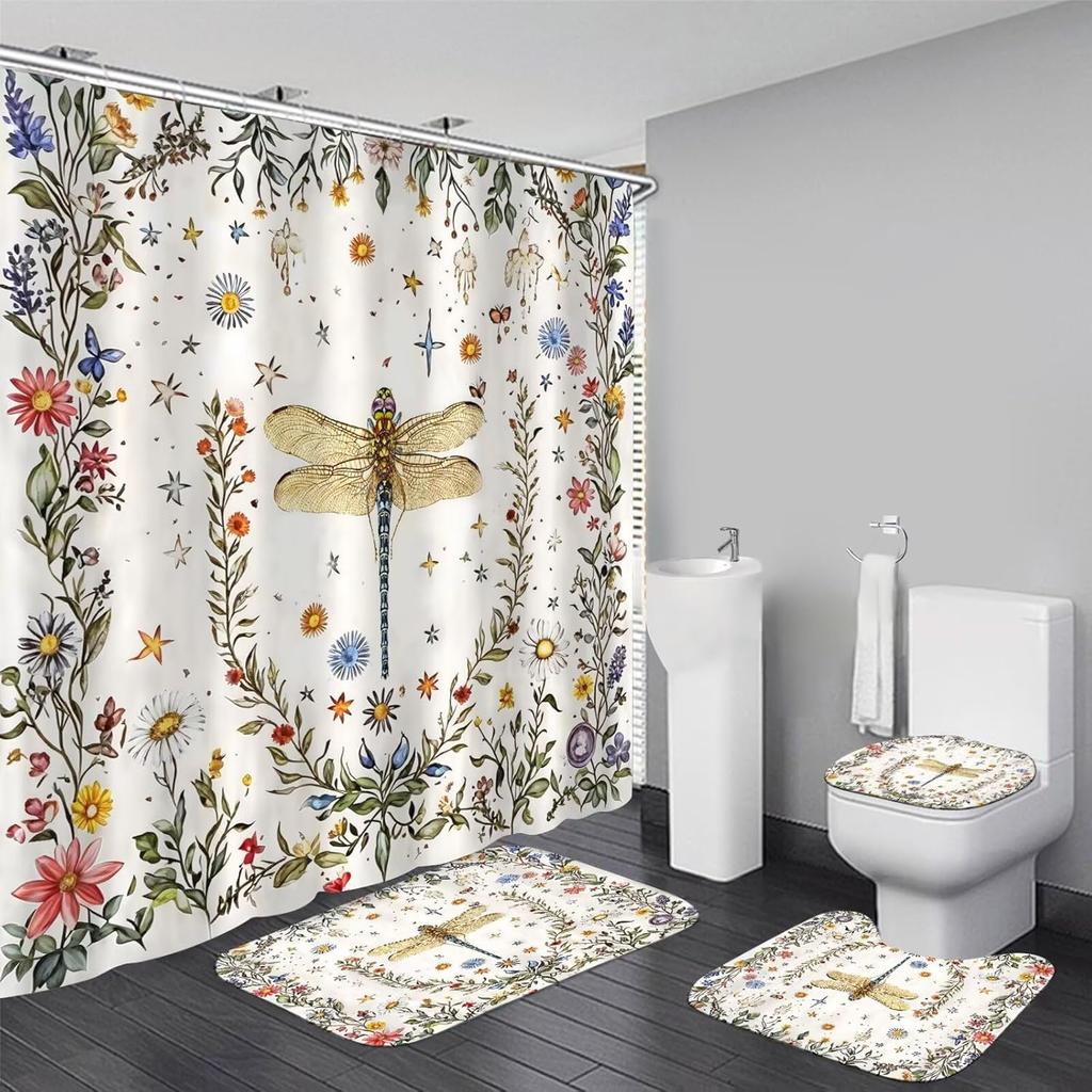 4Pcs Bathroom Shower Curtain Set Lotus  Bathroom Curtain With 12 Hooks Non Slip Rugs Toilet Cover Mat Bathroom Partition