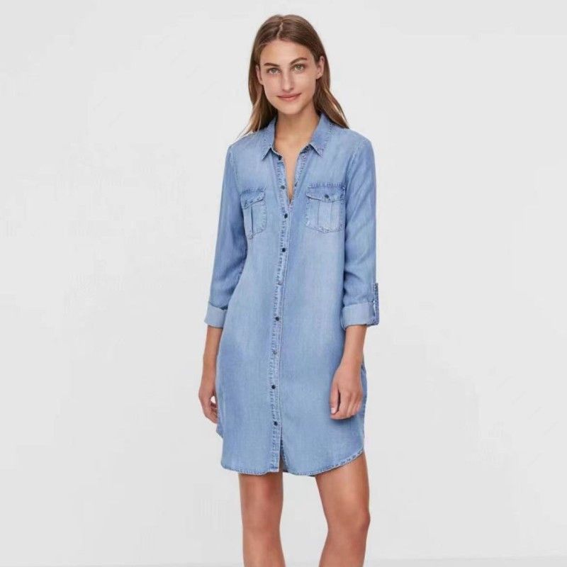 

Spring and Summer New Fashion Style Shirt Collar Tencel Cotton Short Slimming Plus Size Western Style Youthful-Looking Denim Shirt Dress Blue L