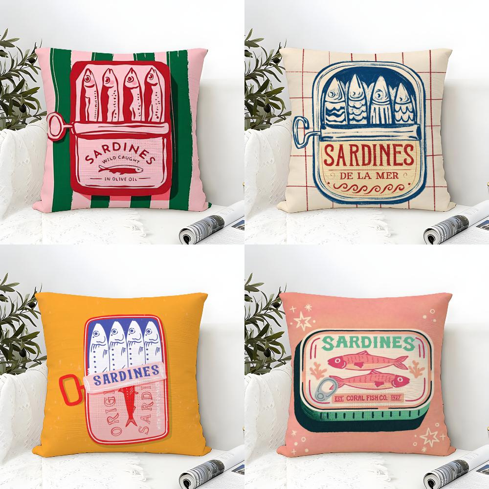 Cute Coastal Charm SardineS Pillow Case Natural Linen Organic Fabric Double-Sided Printing Sofa Home Decor Cushion Cover