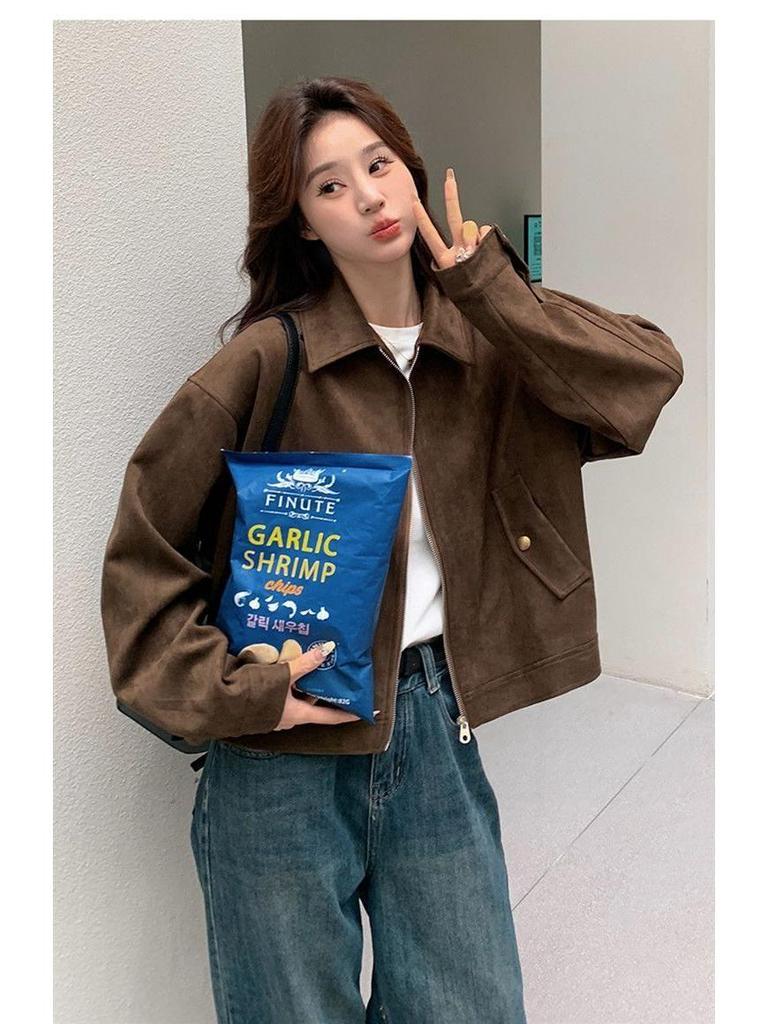 Braune Melaude Wildlederimitat Damen Retro Petite Kurze Jacke – Herbstkollektion 2025