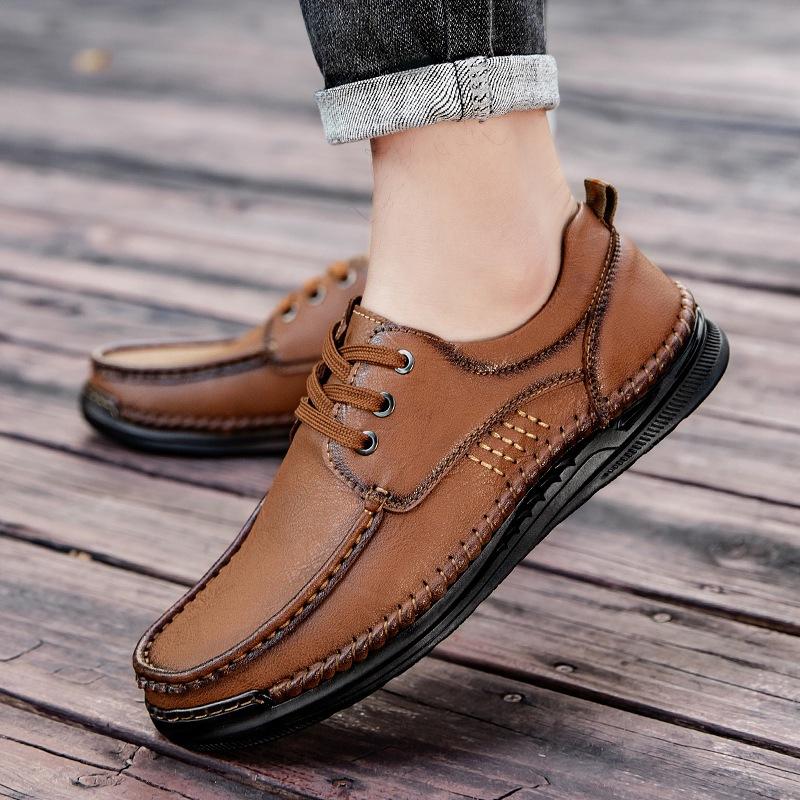 Handmade men's shoes retro casual shoes men's lace-up round head youth British shoes men's leather shoes