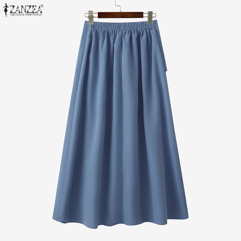 ZANZEA Dames Casual Elastische Taille Effen Kleur Losse Lange Rokken