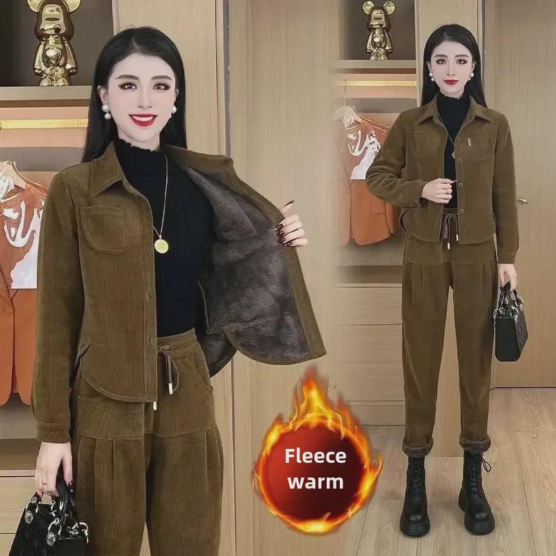 2024 Women's Korean Style Corduroy Two-Piece Suit: Autumn/Winter Fashion with Plush Velvet for Age-Reducing Elegance