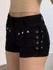 Embroidered European Fashion Black Shorts with Eyelets