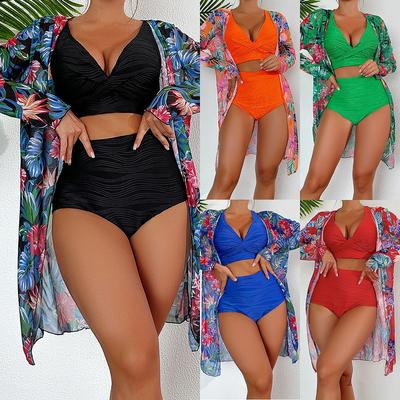 Women Three Pieces Bikini Sets High Waist Shorts Swimsuits Long Sleeve Printing Cover Ups Beach Biquinis Feminino
