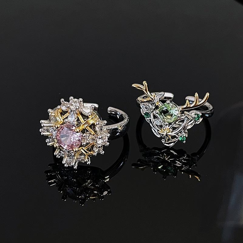New Antlers Color Treasure Double Gold Light Luxury Premium Sense Opening Ring Pink Love Full Diamond Zircon Personality Ring Female