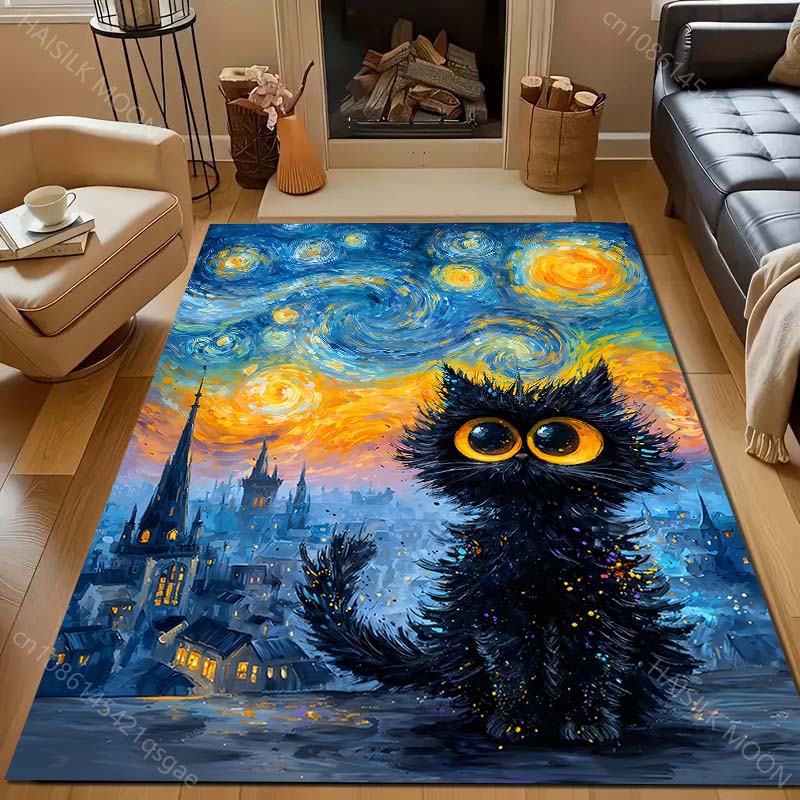 1PC Cat and Starry City Carpet for Living Room Bedroom Sofa Home Decor Rus Non-slip Floor Mat Luxury Gift