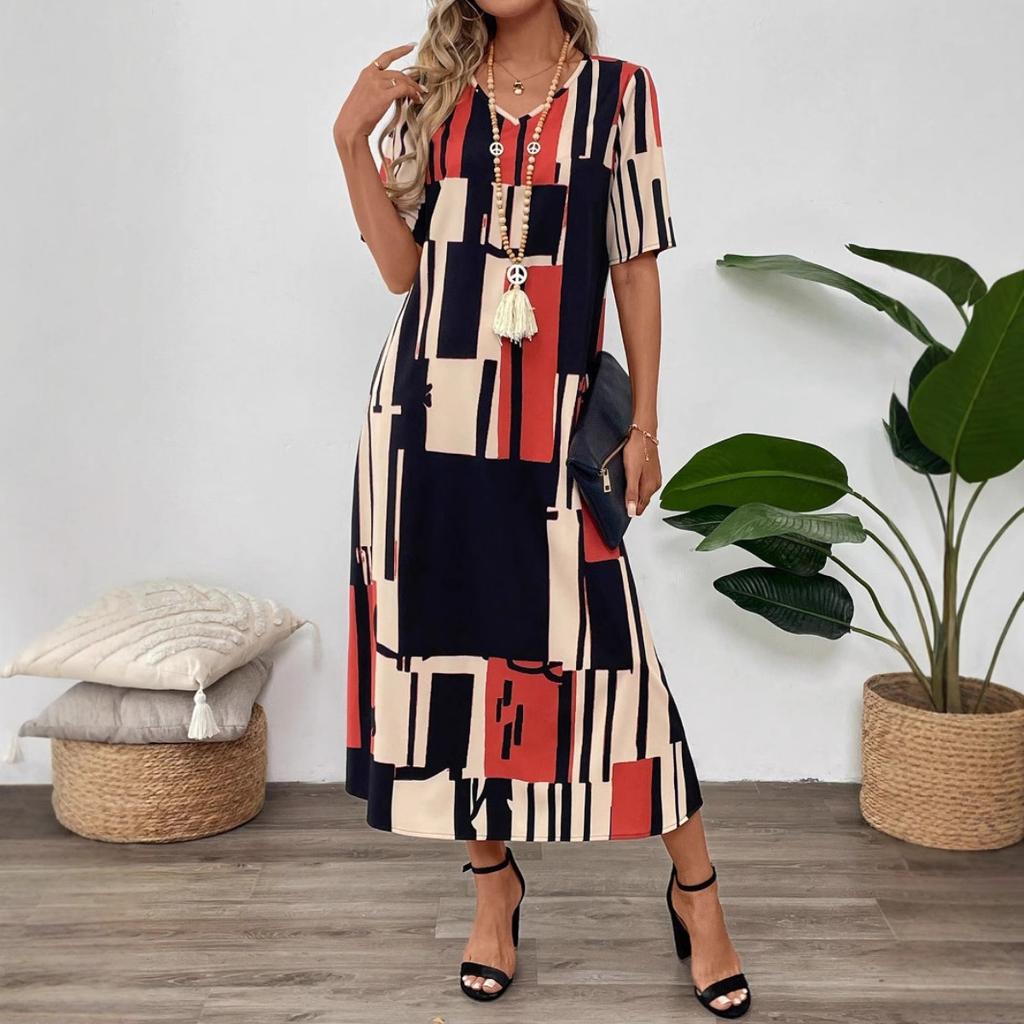 Summer New Women's Floral Print V-neck Short Sleeve Loose Long Midi Dress Casual European American Style for Women
