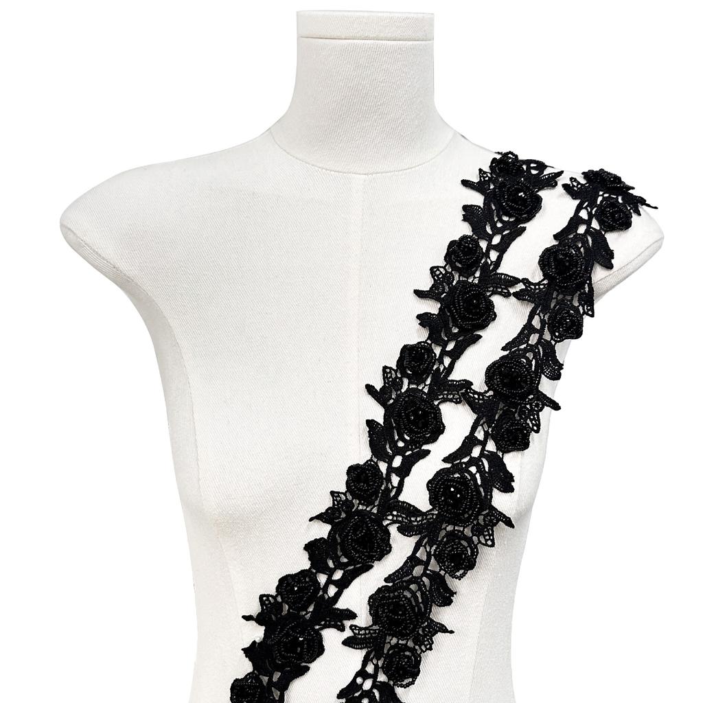 Black And White Handmade Beads Three-Dimensional Flower Embroidery Barcode Clothing Skirt Shirt Decoration Diy Jewelry Lace