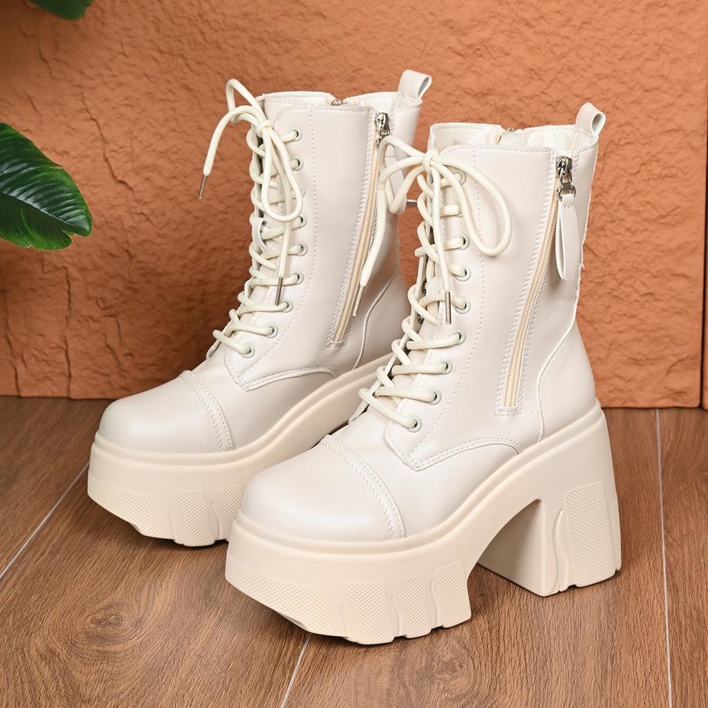 Woman Personality British Style Thick Sole Boots Lace Up Platform Booties Women Leather PU Chunky Heel Winter Punk Goth Shoes