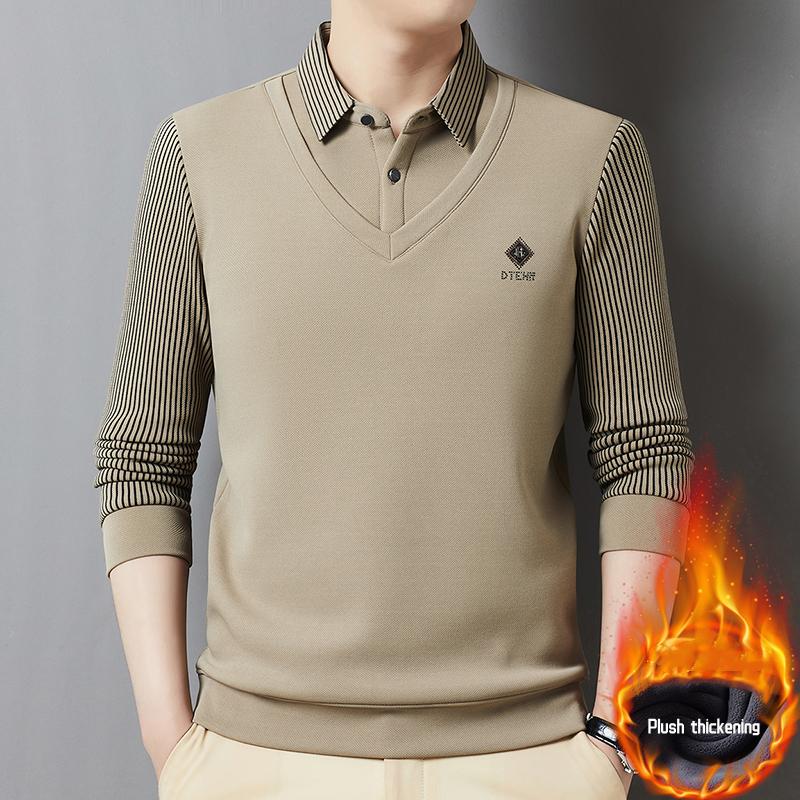 Advanced Luxury Shirt Collar Plush Thick Sweater Men'S Autumn Fashion Brand Embroidery Fake Two-Piece Set Long Sleeved T-Shirt
