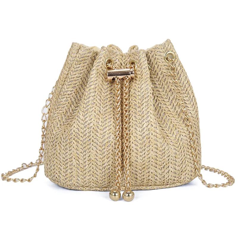 

Straw Woven Bag New Small Bucket Bag Women s Metal Chain Fashion Beach Handbags Casual Shoulder Crossbody Bags 2023 Beige Purse