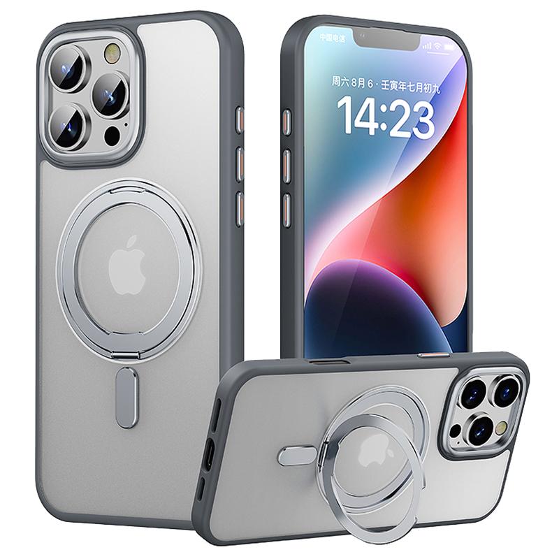 

For iPhone 16 Pro Case Compatible with MagSafe TPU+Acrylic+Metal Kickstand Matte Phone Cover Grey