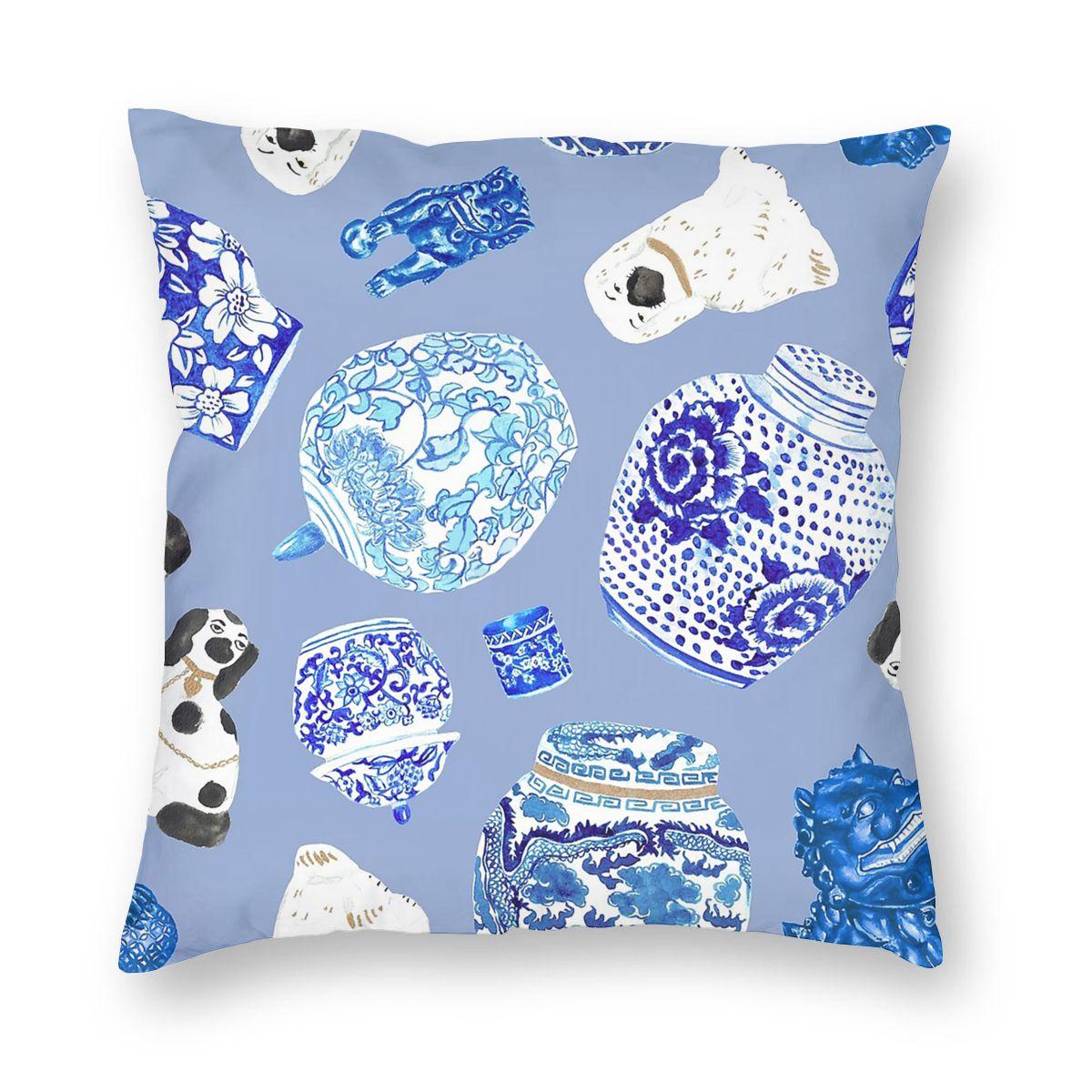 Chinoiserie Curiosity Cabinet Toss In Delft Blue Throw Pillow Cover Decorative Pillow Customized Pillowcase 30x30cm