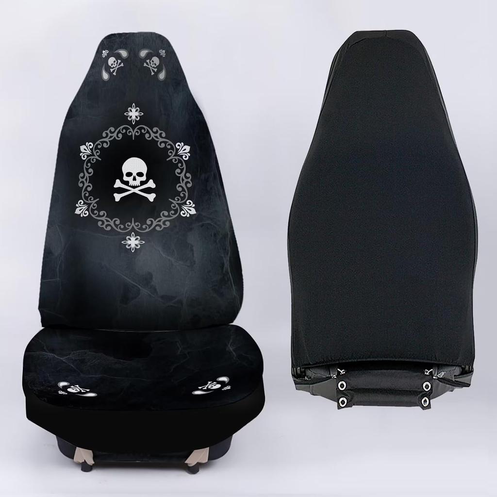 Bulopur Cute Black Gray Skull Set of 2 Car Seat Covers Universal Auto Front Seats Protector Fits for Car,SUV Sedan,Truck