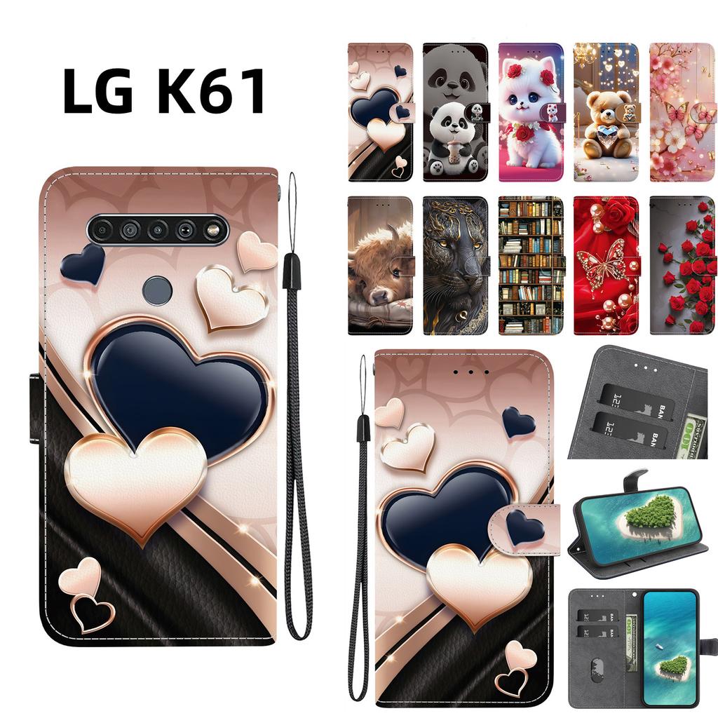 Handmade PU Leather Flip Case for LG K61 Anti-Slip Shockproof Cover with Wrist Strap & Heart/Rose Cat Designs