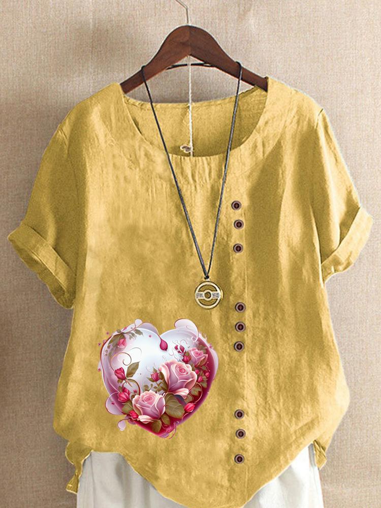 Women's Fashion Love Shaped Pattern Print Shot Sleeve T-shirt Loose Cotton Shirt Casual Loose Summer Plus Size Blouse Tops