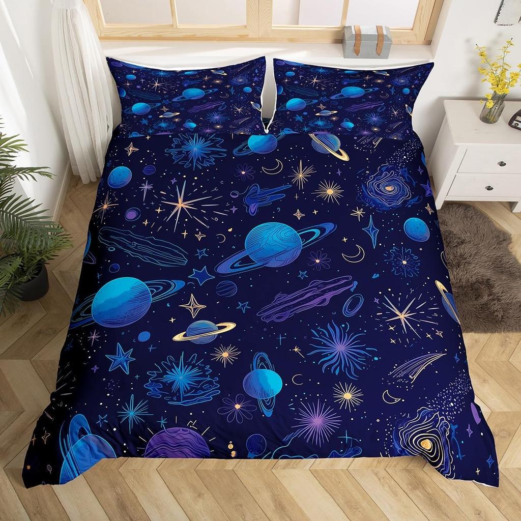 Space Themed Bedding Set Galaxy Outer Space Duvet Cover Set Full Queen For Boys Girls Earth Planets Moon Stars Comforter Cover