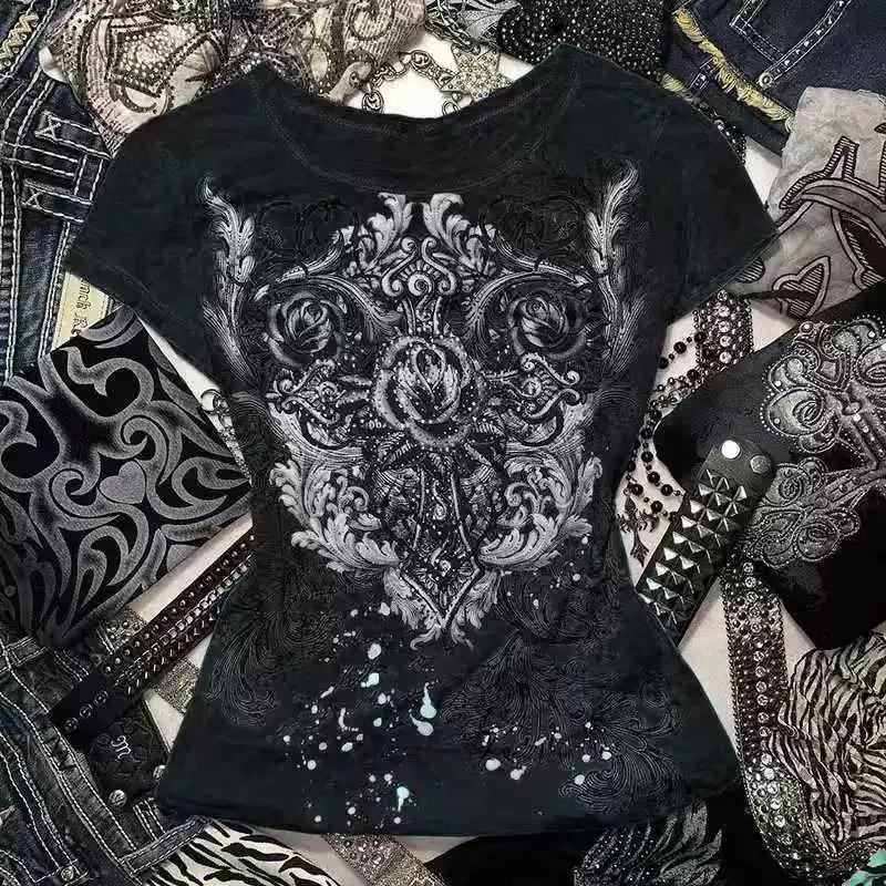 KOSY Women Short Sleeve T-Shirts Fashion Print Round Neck Shirts Summer Gothic Slim Fit Casual Tops Y2K E Girl Streetwear